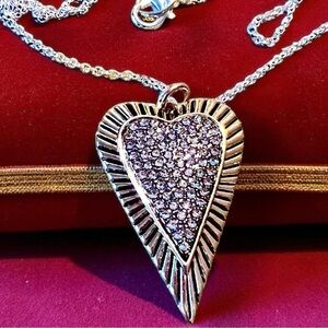 Stainless steel & rhinestones heart pendant with a no tarnish silver plate chain